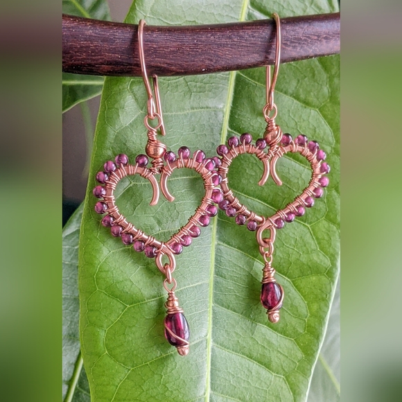 Garnet Heart Earrings Artisan Crafted Copper Design Dangle Drop - Picture 13 of 16